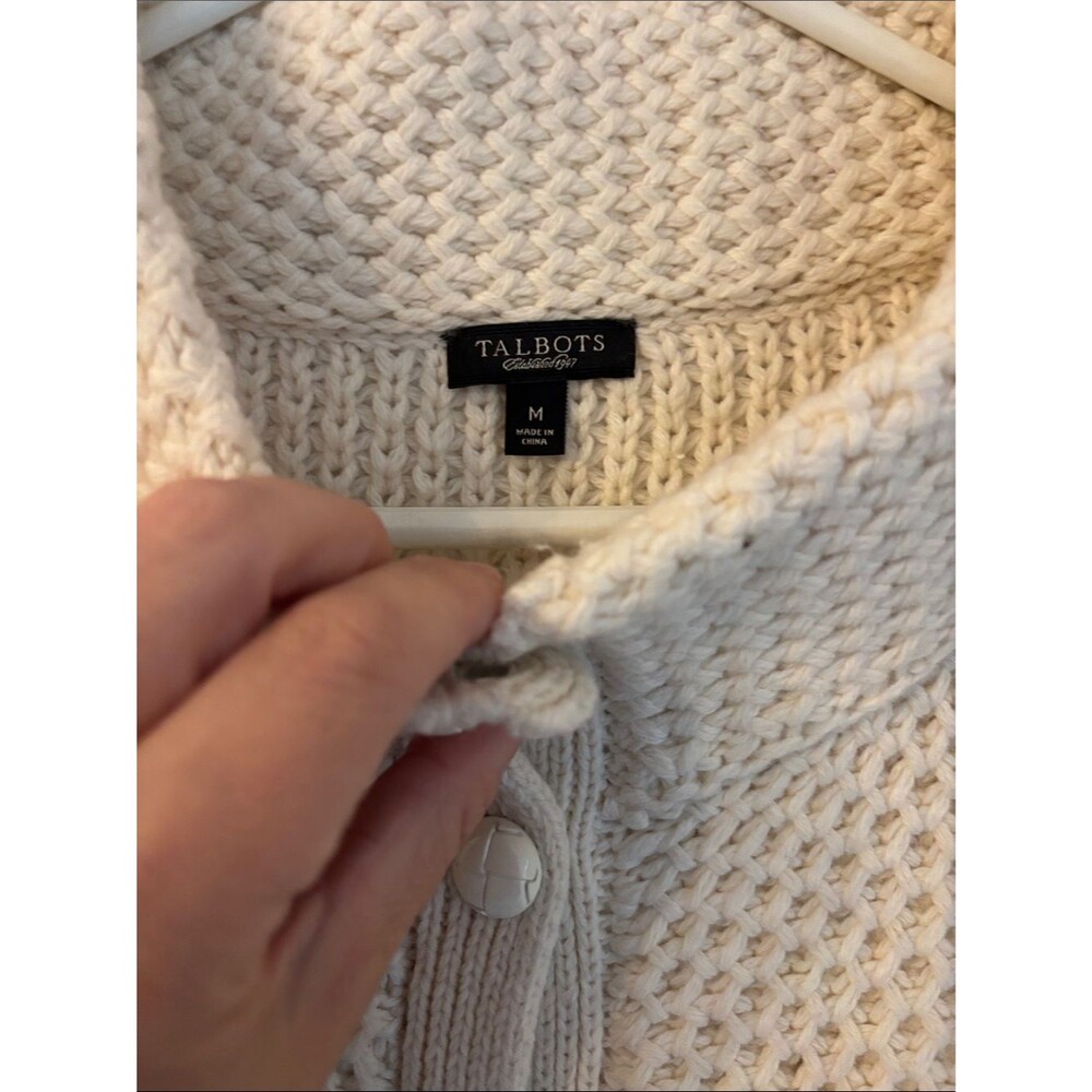 Talbots Cream Chunky Knit cowl front Button Cardigan wool blend sweater women MD - Picture 4 of 9